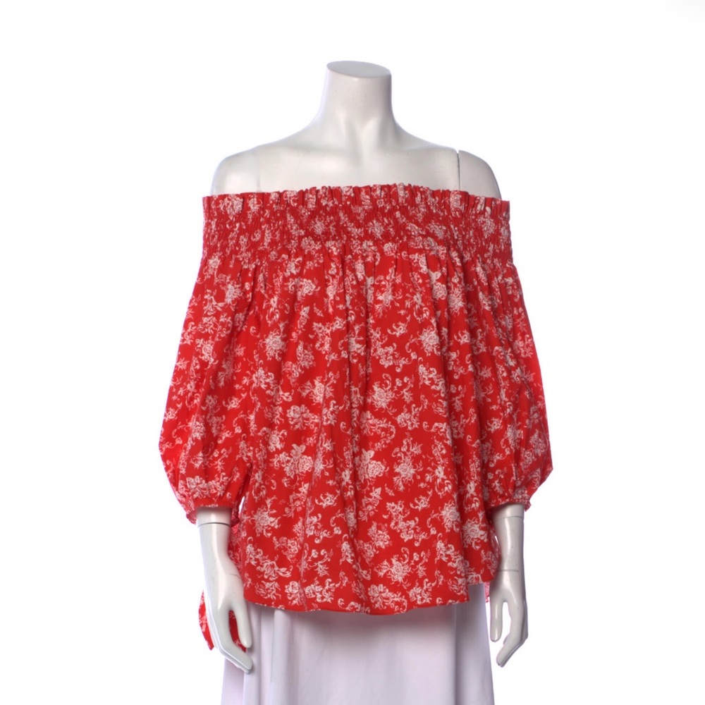 Caroline Constas Red Silk Floral Print Off-Shoulder Blouse